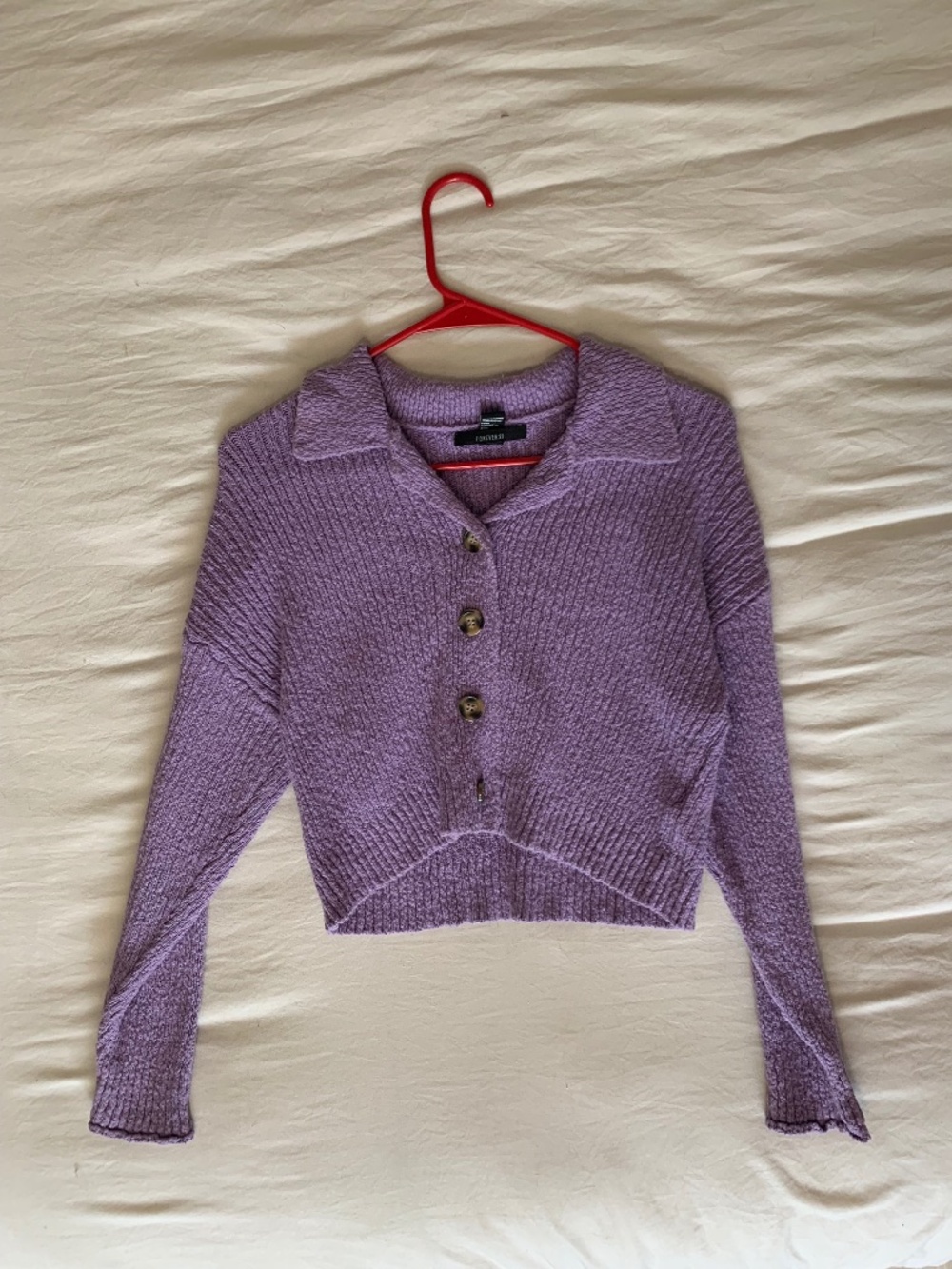Forever 21 Lavender Cropped Ribbed Cardigan Sweater Collared Top S